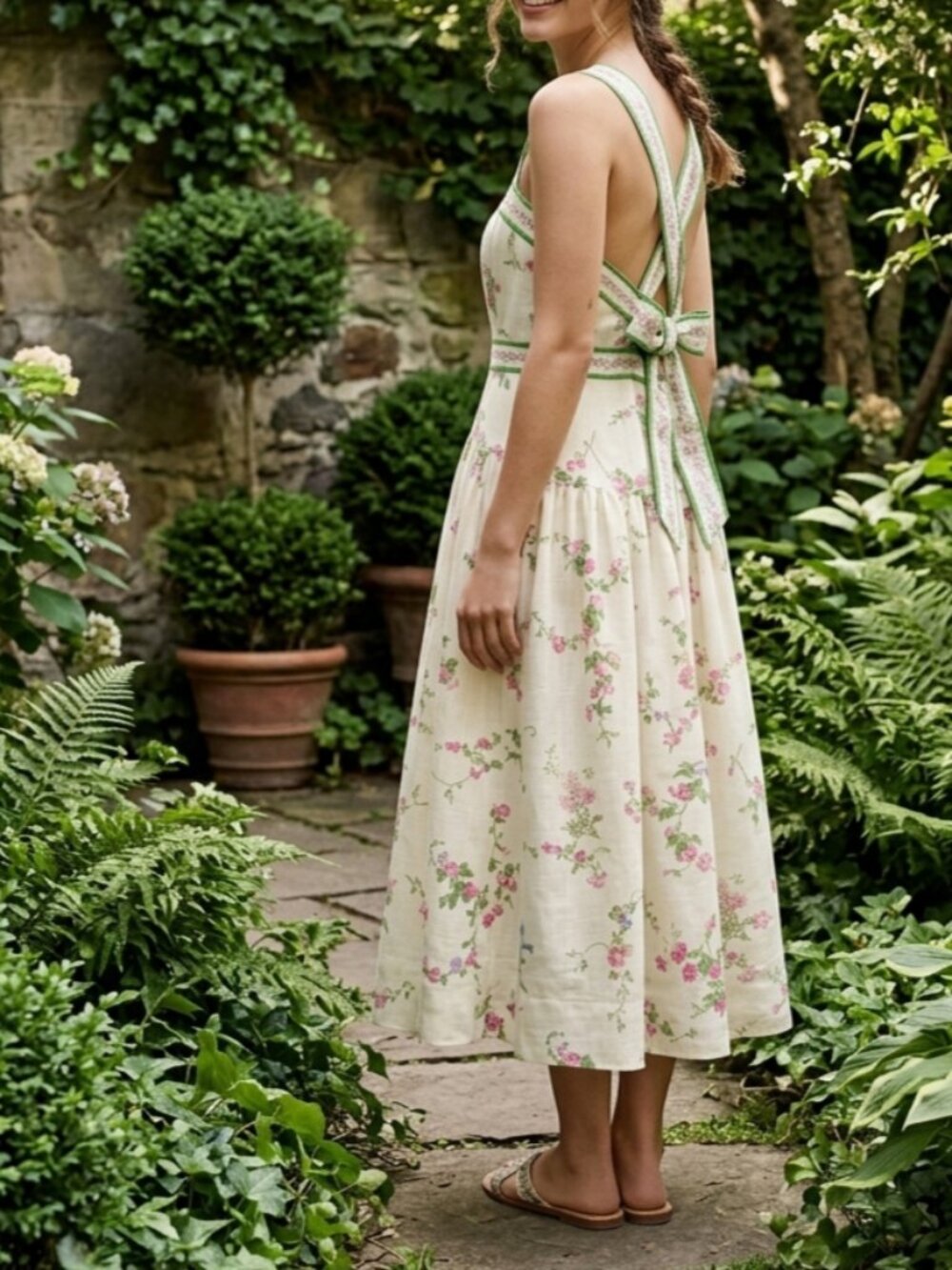 H&M green cream floral back Tie-Detail Dress square neckline NWT